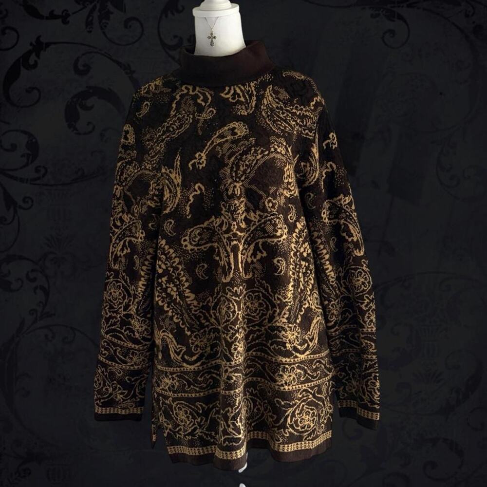 ornate beige & black tapestry paisley dark baroque glam scroll turtleneck knit
